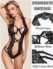 Deep V Halter Lingerie Teddy One Piece Bodysuit Lace Babydoll