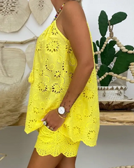 Yellow Eyelet Embroidery Tassel Top & Shorts Set