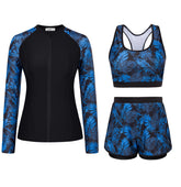 Black-blue Palm Leaves 3 Piece Rash Guard Long Sleeve Swimsuits with Boyshorts Zip Up UPF 50+ Swim Shirt Built in Bra