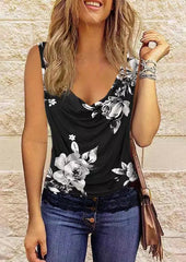 Floral Lace Splicing Cowl Neck Tank - Black