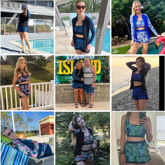 Black-blue Palm Leaves 3 Piece Rash Guard Long Sleeve Swimsuits with Boyshorts Zip Up UPF 50+ Swim Shirt Built in Bra