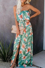 Rainforest Print Off-Shoulder Ruffle Split Dress