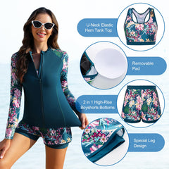 Peacock Blue-pink Flower 3 Piece Rash Guard Long Sleeve Swimsuits with Boyshorts Zip Up UPF 50+ Swim Shirt Built in Bra
