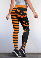 Halloween Pumpkin Face Striped Elastic Waist Leggings