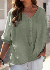 Green Casual V Neck Soild Half Sleeve Blouse