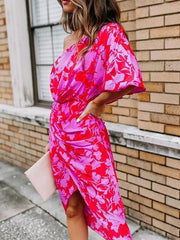 Floral Print Oblique Shoulder Irregular Dress