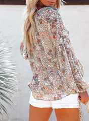 Long-Sleeved V-Neck Floral Chiffon Shirt