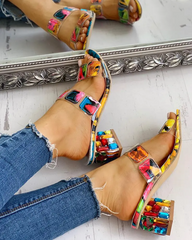 Colorful Applique Chunky Heeled Sandals