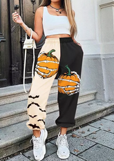 Halloween Pumpkin Bat Skeleton Hand Color Block Elastic Waist Sweatpants