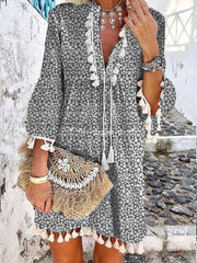 Floral Print V-Neck Tassel Stitching Boho Mini Dress