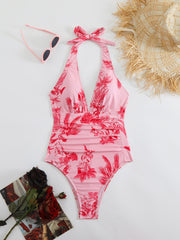 Coconut Tree Print Sexy V-Neck Holiday One-Piece Swimsuit