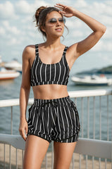 Black Striped Adjustable Straps Chic Bikini Top with Boy Short Set