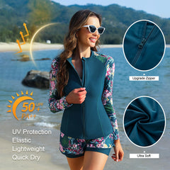 Peacock Blue-pink Flower 3 Piece Rash Guard Long Sleeve Swimsuits with Boyshorts Zip Up UPF 50+ Swim Shirt Built in Bra