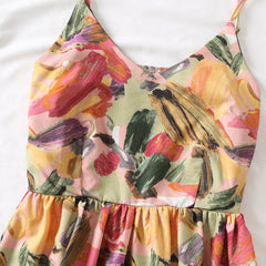 Summer Sexy Floral Print Beach Party Dress Sleeveless Backless Boho Mini Pleated Dress