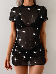 Mesh Short Sleeve Sequined Mesh Round Neck Straight Top