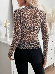 Sexy Leopard Print Mesh Ruffle Bodysuit T-shirt Top