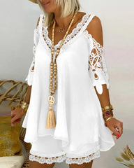 Contrast Lace Cold Shoulder Flowy Top & Shorts Set