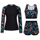 Black-blue Leaves 3 Piece Rash Guard Long Sleeve Swimsuits with Boyshorts Zip Up UPF 50+ Swim Shirt Built in Bra