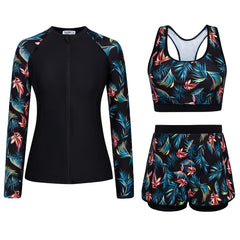 Black-blue Leaves 3 Piece Rash Guard Long Sleeve Swimsuits with Boyshorts Zip Up UPF 50+ Swim Shirt Built in Bra