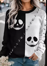 Halloween Color Block Ghost Face Long Sleeve Sweatshirt