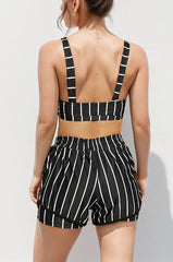Black Striped Adjustable Straps Chic Bikini Top with Boy Short Set
