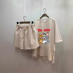 Round Neck Loose Fashion Short Sleeve Shorts Two Piece Suit