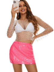 See-Through Beaded Long-Sleeved Mesh Top