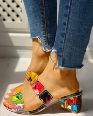 Colorful Applique Chunky Heeled Sandals