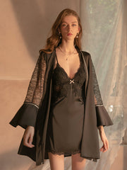 Hottest Hollow Lace Two-Piece Slip Dress & Robe Set With T-Back And Belt