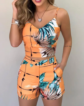 Tropical Print Spaghetti Strap Crop Top & Shorts Sets