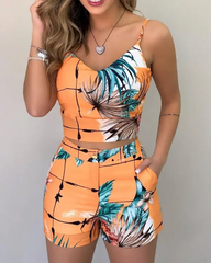 Tropical Print Spaghetti Strap Crop Top & Shorts Sets