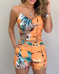 Tropical Print Spaghetti Strap Crop Top & Shorts Sets