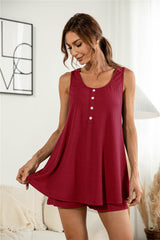 Solid Color Sleeveless Buttoned Lace-Up Comfortable Two Piece Set