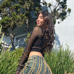 Mesh patchwork cardigan bell sleeve T-shirt