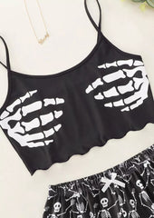 Halloween Skeleton Hand Camisole And Shorts Pajamas Set - Black