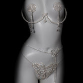 Super Hot Sparkling Diamond Bikini Thong Sexy Chest Chain Set--Silver