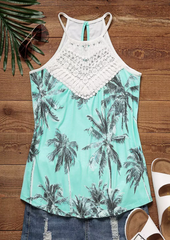 Coconut Tree Lace Splicing Button Tank