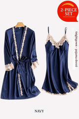 Navy Soft Comfortable Ice Silk Lace Pajamas 2pcs Set