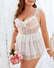 Plus Size Bowknot Decor Sheer Mesh Lace Patch Babydoll