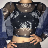 Star And Moon Printed Mesh See-Through T-Shirt