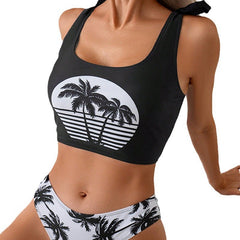Coconut Tree Print Lace-Up Beach Bikini Set