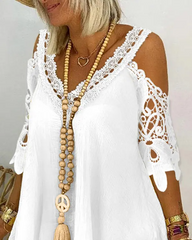 Contrast Lace Cold Shoulder Flowy Top & Shorts Set