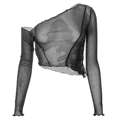 Silver Mesh Off-Shoulder Short Long-Sleeved T-Shirt