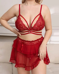 Plus Size Bowknot Decor Ruffle Hem Lace Lingerie Set