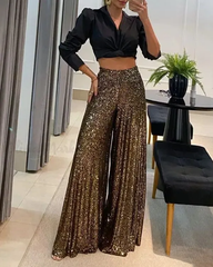 Wide Leg Sequin High Waisted Flare Pants