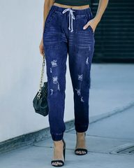 Drawstring Ripped Pocket Design Jeans