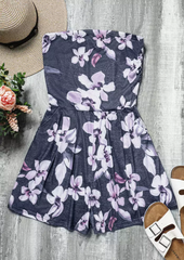 Floral Ruffled Pocket Strapless Open Back Romper - Gray