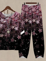 Gradient Cherry Blossom Print Top And Pants Casual Two-piece Suits