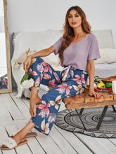 Cotton Silk Casual Pajamas Set Home Wear - Purple Top + Red Leaf Printed Trousers