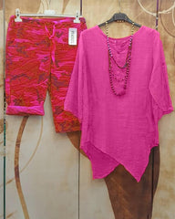 Irregular Hem Round VNeckline FivePoint Sleeve TwoPiece Suit